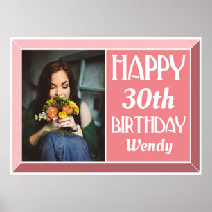 Pink Beveled Art Deco Birthday Photo Poster