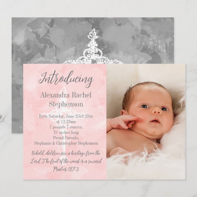 Pink Bible Verse Cross Baby Girl Photo Birth  Announcement (Front/Back)