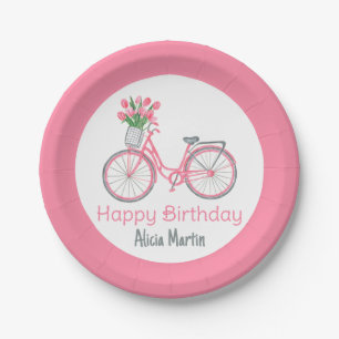 Pink Bicycle Basket Tulip Flower Any Age Birthday Paper Plate