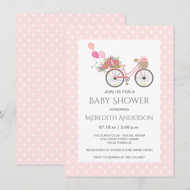 Pink Bicycle Flowers Polka Dots Baby Shower Invitation (Front/Back)