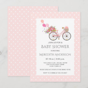Pink Bicycle Flowers Polka Dots Baby Shower Invitation
