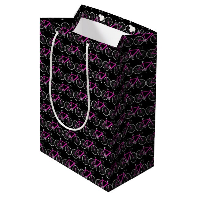 Pink bicycle on black medium gift bag (Back Angled)