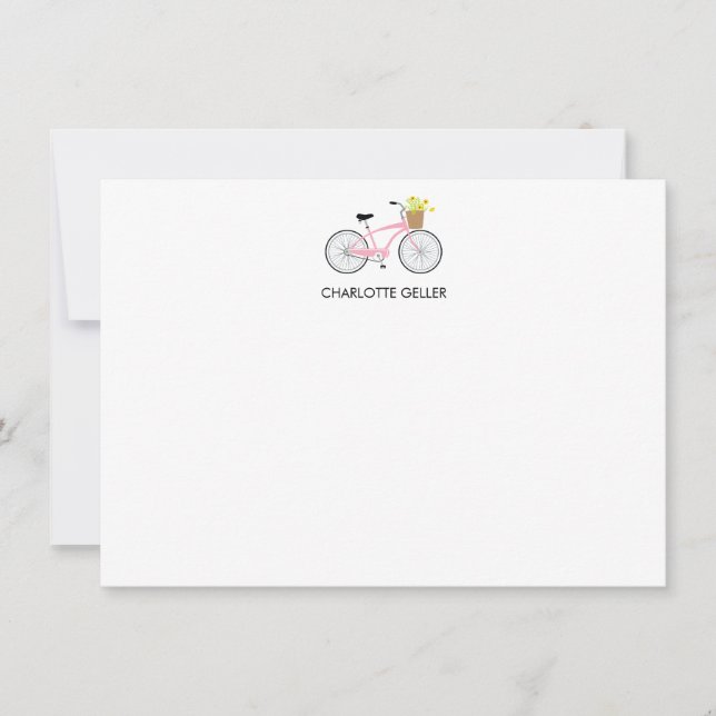 Pink Bicycle With Basket Flat Note Card (Front)