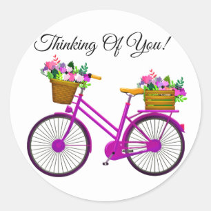 Pink Bicycle With Basket Of Flowers Classic Round Sticker