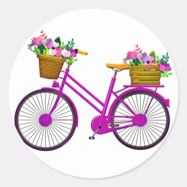 Pink Bicycle With Basket Of Flowers - Classic Round Sticker (Front)