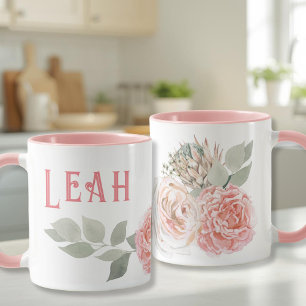 Pink big letters name mug Watercolor flowers