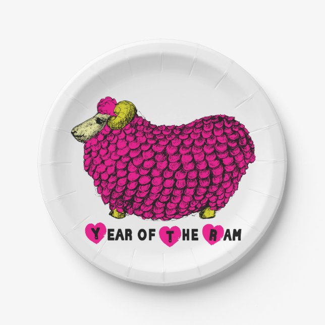 Pink Big Ram Chinese Astrology Zodiac Paper Plate (Front)