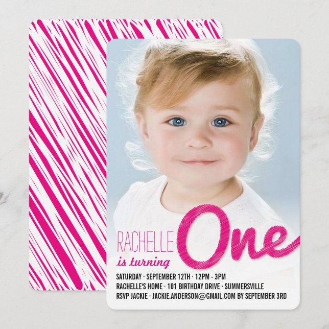 Pink Big Sketch One Baby Girl First Birthday Party Invitation (Front/Back)