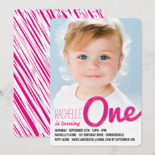 Pink Big Sketch One Baby Girl First Birthday Party Invitation