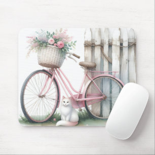 Pink Bike and White Cat Mouse Mat