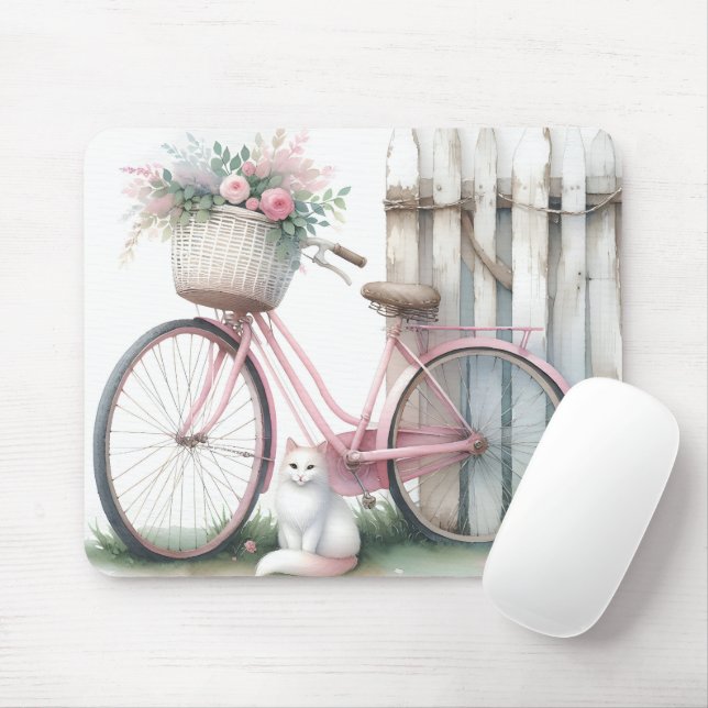 Pink Bike and White Cat Mouse Mat (With Mouse)