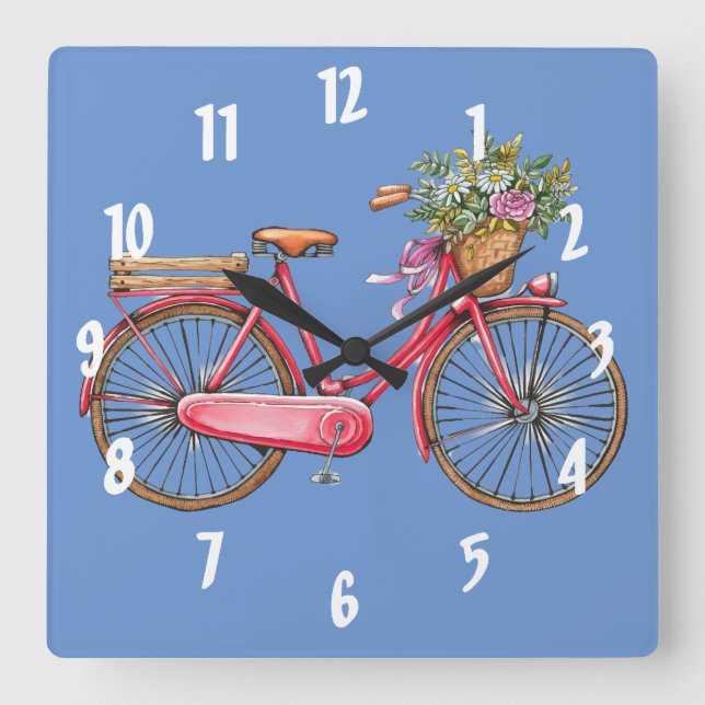 Pink Bike & Basket Square Wall Clock (Front)