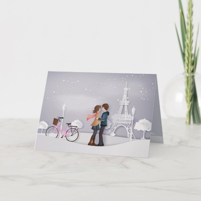 Pink Bike Paris Couple Valentines Holiday Card (Front)