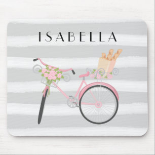 Pink Bike with French Bread and Grey Watercolor Mouse Mat