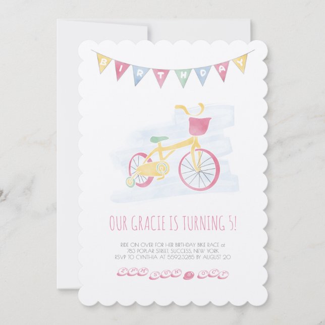 Pink Biking Birthday Invitation with soft colours (Front)
