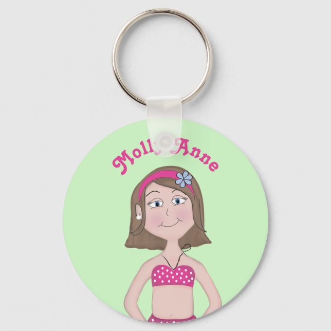Pink Bikini, fair skin, brunette, blue eyes, Bob Key Ring (Front)
