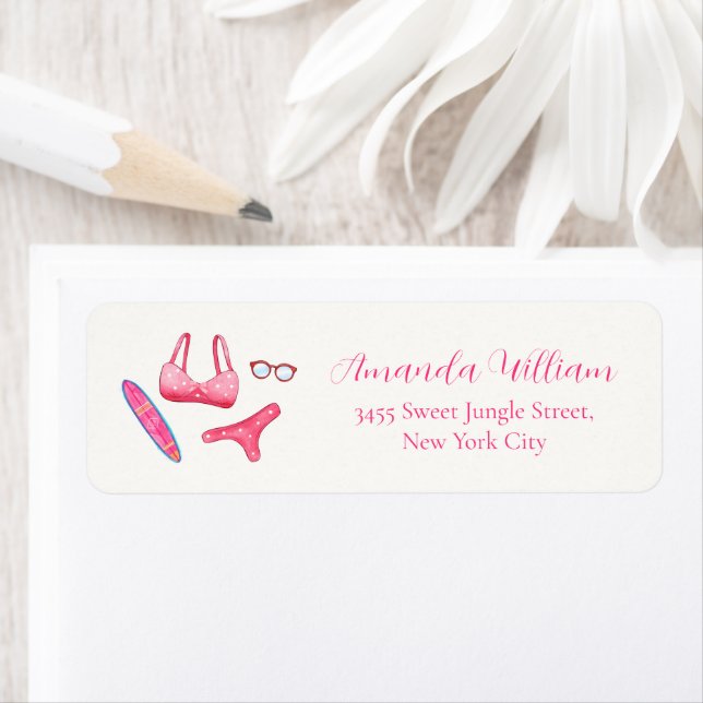 Pink Bikini Surf Beach Baby Shower Return Address (Insitu)