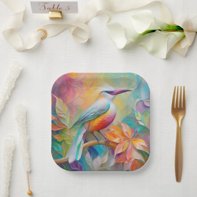 Pink Billed Red Breasted Fantasy Bird Paper Plate (Wedding)