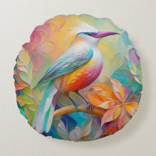 Pink Billed Red Breasted Fantasy Bird Round Cushion