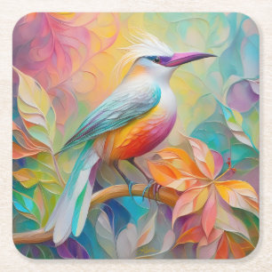 Pink Billed Red Breasted Fantasy Bird Square Paper Coaster