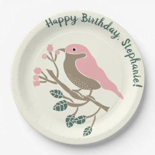 Pink Bird and Berries Personalised Birthday Paper Plate