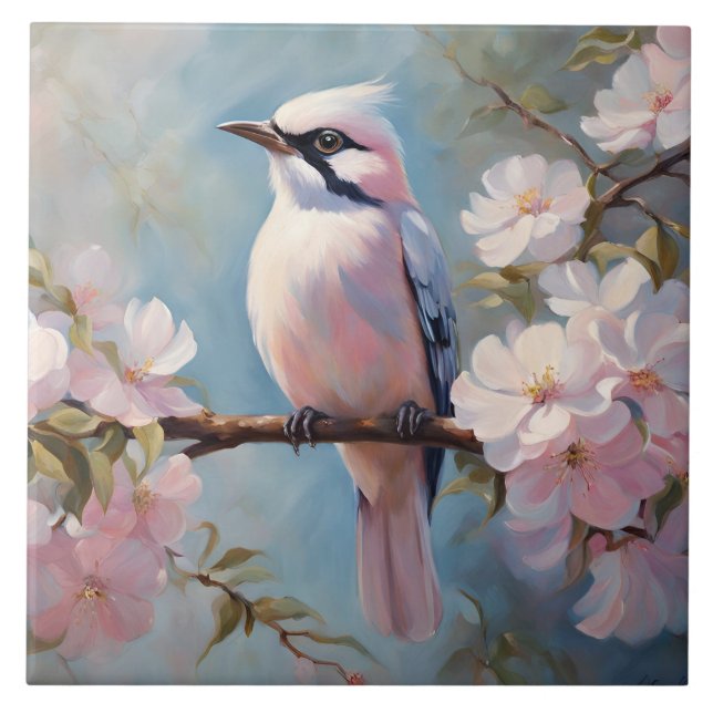 Pink Bird and Cherry Blossom Flowers  Tile (Front)