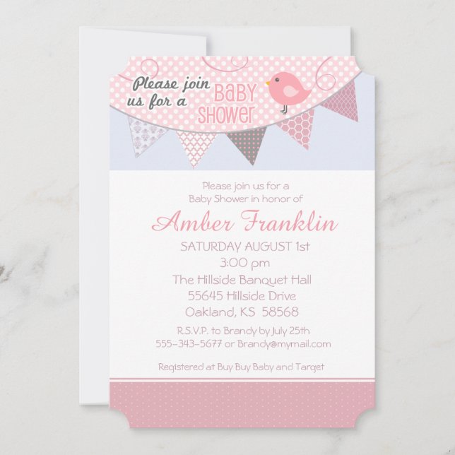 Pink Bird Baby Shower Invitation (Front)