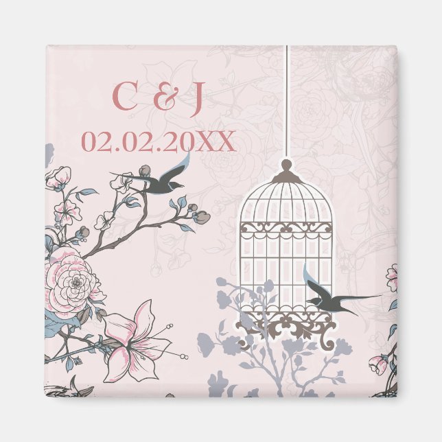 pink bird cage, love birds save the date magnets (Front)