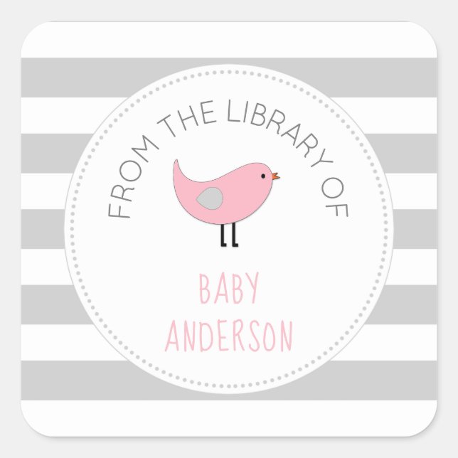 Pink Bird girl book baby shower bookplate Square Sticker (Front)