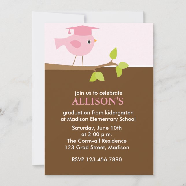 Pink Bird Girls Graduation Party Invitation (Front)