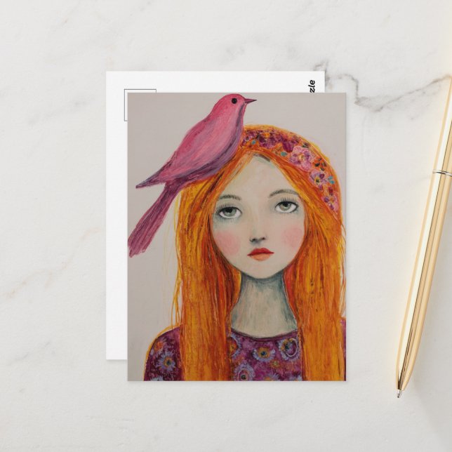 Pink Bird in her Hair Postcard (Front/Back In Situ)