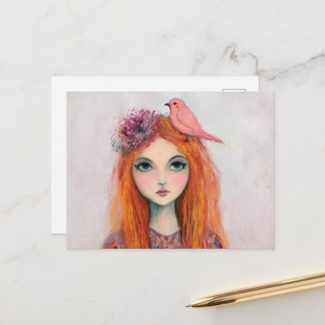 Pink Bird in Her Hair Postcard (Front/Back In Situ)
