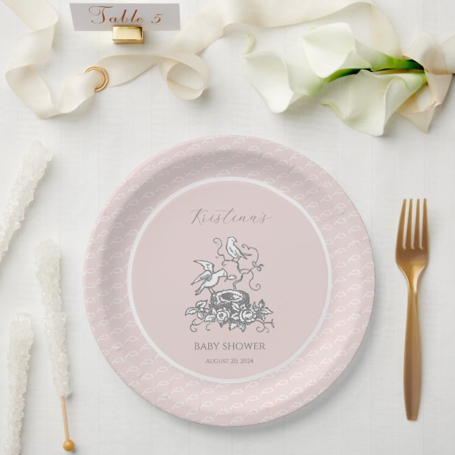 Pink Bird Nest Baby Shower Paper Plate (Wedding)