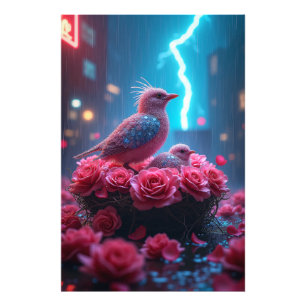 Pink Bird Nest Under Lightning Sky – Surreal Photo Print