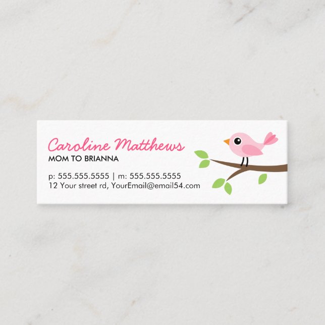 Pink bird on branch cute mum mummy calling card (Front)