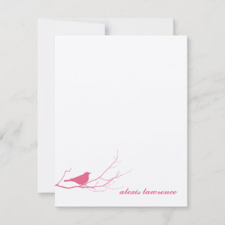 Pink bird on branch ecru thank you note card