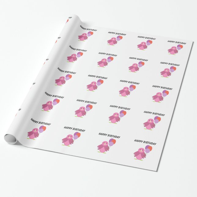 Pink Bird with Balloons Wrapping Paper (Unrolled)
