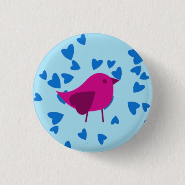 Pink bird with blue hearts 3 cm round badge (Front)