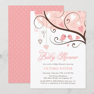 Pink Birds and Heartstrings Baby Shower Invitation