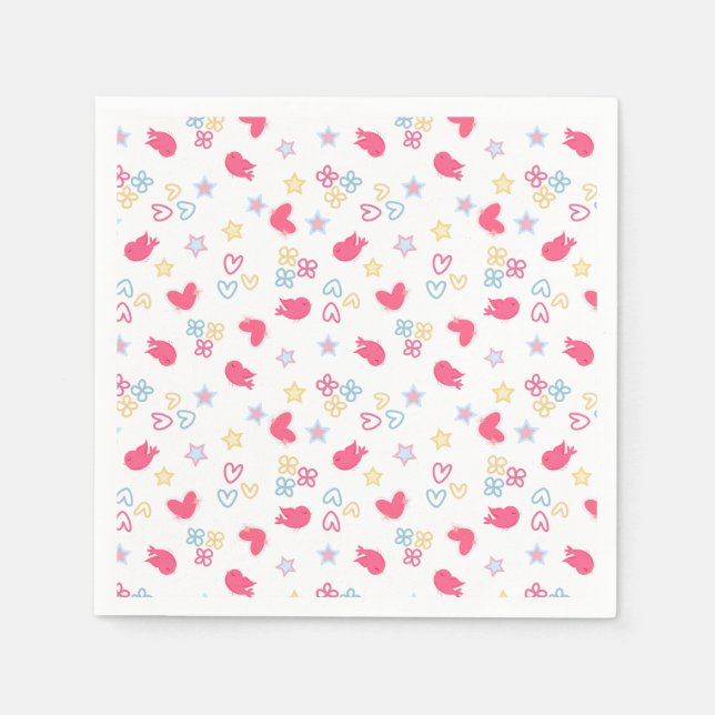 Pink Birds and Love Hearts Napkin (Front)