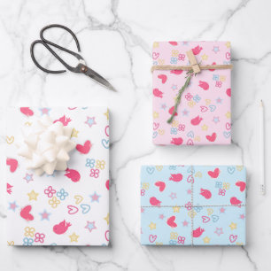 Pink Birds and Love Hearts Wrapping Paper Sheet