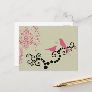 Pink Birds, Birds On Tree, Dots, Hearts, Love Postcard