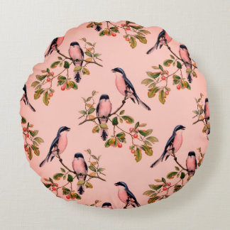 Pink Birds on Branches Reversible Country Round Cushion