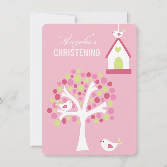Pink Birds & Tree Baby Baptism Christening Invite (Front)
