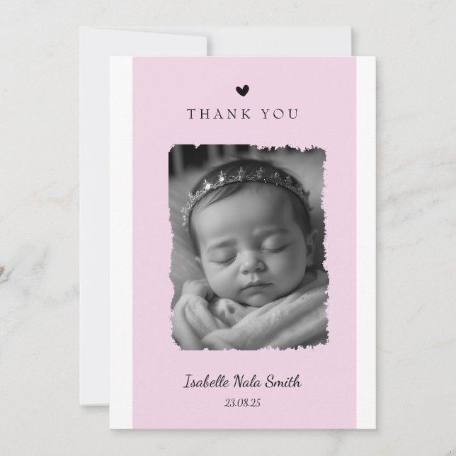 pink birth announcement card with photo (Front)