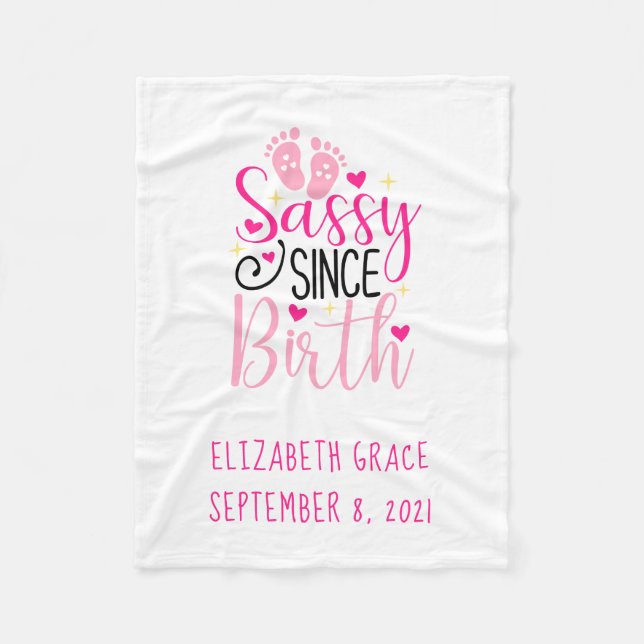 Pink Birth Stats Hearts Sassy Since Birth Baby Fleece Blanket (Front)