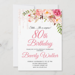 Pink Birthday 80th Surprise Floral  Invitation