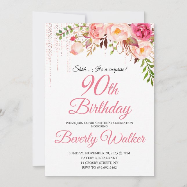 Pink Birthday 90th Surprise Floral  Invitation (Front)