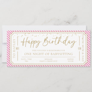 Pink Birthday Babysitting Gift Voucher Card