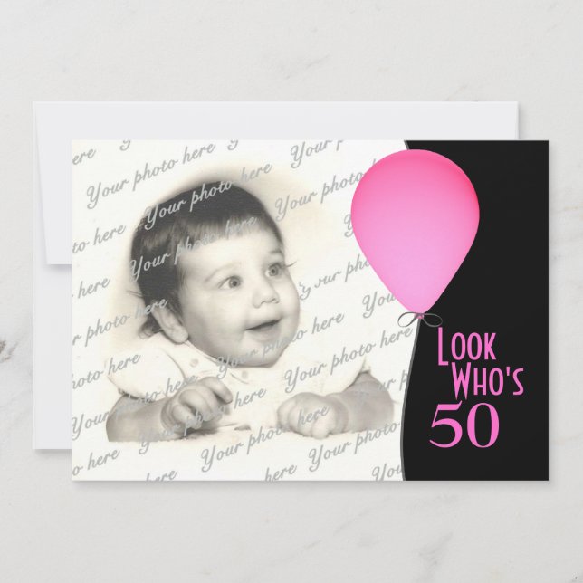 Pink Birthday Balloon with Photo Invitation (Front)